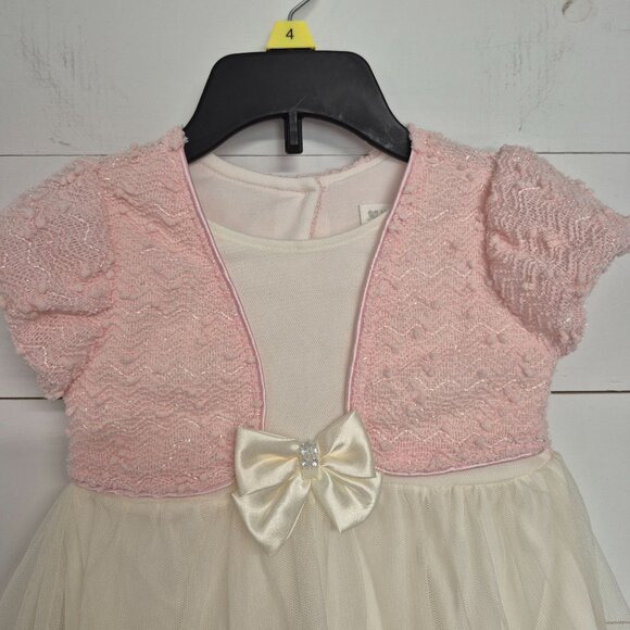 Nanette Baby Girls Pink & Ivory Dress 24M With Floral Rosette Skirt & Bow Accent - Picture 2 of 6